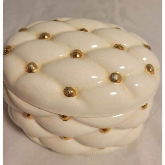 VTG HOLLAND MOLD HANDMADE WHITE DIAMOND & GOLD CUSHION STYLE TRINKET BOX & LID - Picture 3 of 10